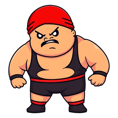 Close-up of white skin fat guy with prominent black durag, completely shaved face, no beard or mustache, black eyes in a red and black wrestling singlet with angry face sticker