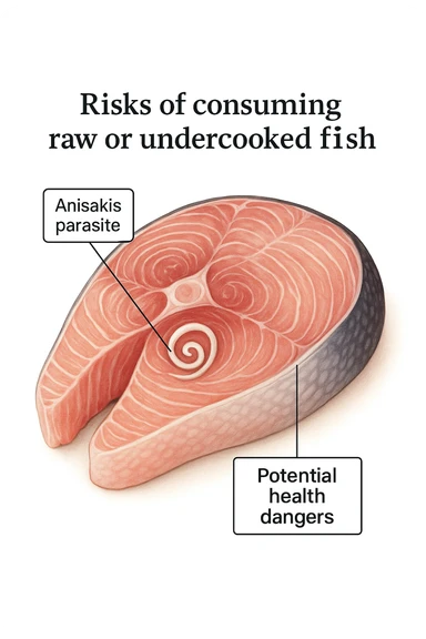a close-up cross-section of a raw fish fillet, showing a white, coiled Anisakis parasite embedded in the muscle tissue. The parasite is clearly labeled, and the surrounding fish tissue is rendered in detail. The background is clean and white, with educational callouts explaining the risk of consuming raw or undercooked fish. sticker