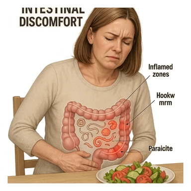 adult woman, realistic infographic style, intestinal discomfort, transparent intestine illustration with parasite icons and inflamed zones, sitting at table with salad, suffering expression, light background sticker