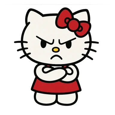 angry hello kitty, classic cartoon style, red bow, frowning, arms crossed sticker
