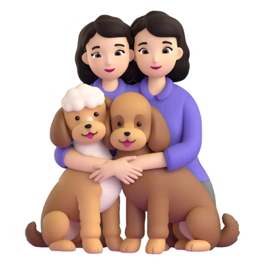 Woman with short black straight hair hugging a brown poodle and a white bichon frise sticker