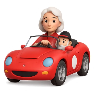 Make this mother with white hair driving a red sports car look 10% more realistic in the style of 3D Emoji, keep the 3D emoji style, no background. sticker