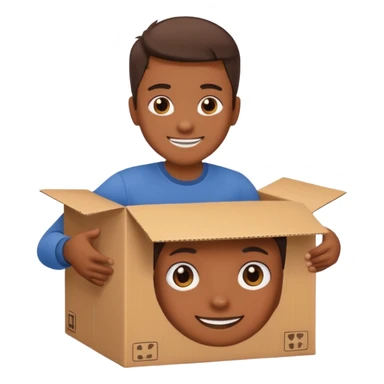 Generate a realistic emoji-style icon of the a person clever packing a package. That he´s clever by packing a box has to be easily noticed. sticker