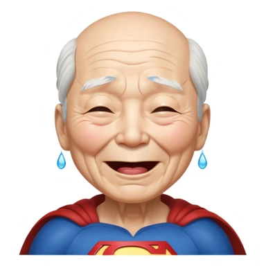Chinese elderly dressed as Superman laughing exeedingly with closed eyes and tear drops sticker