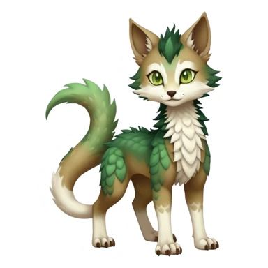 Kawaii dark cute brown beige white fantasy ethereal feline-vernid-sergal-fursona animal creature with a tufted tail full body with intricate markings, hazel-gold-green eyes sticker