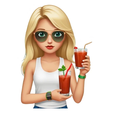 girl with long blond hair
with blue eyes
and aviator sunglasses
wearing white tank top 
holding bloody mary
wearing (rose gold apple watch with forest green band) sticker