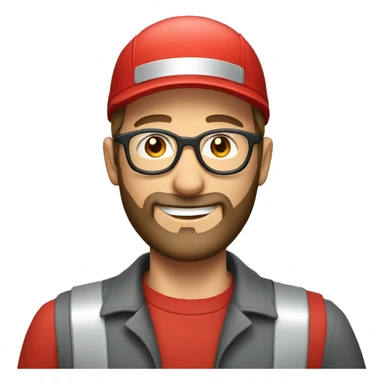smiling white man with beard and round glasses dressed as a mechanic with red cap sticker