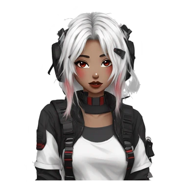 Gorgeous techwear anime style lady with blushing face aesthetic and pretty edgy black red white punk messy hair with collar and harness trending style sticker