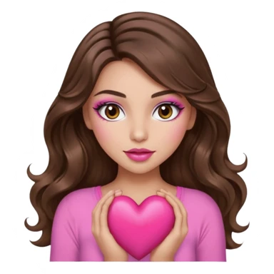 girl with long wavy brown hair, brown eyes, long lashes makeup, sexy pink lips, light to medium complexion, wearing a pink sexy top, holding a big heart sticker