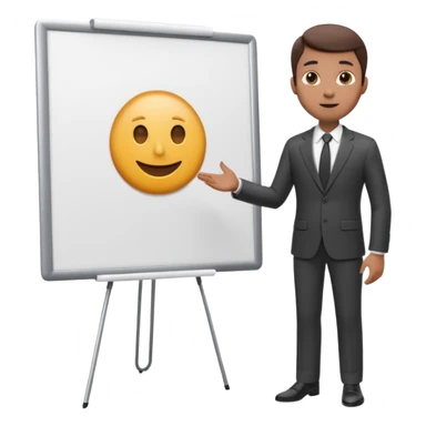 A clean emoji-style illustration of a person giving a presentation, standing next to a large presentation board on a stand, board is white and there is nothing on it, the board is oversized and clearly visible, no podium, no desk, no table, friendly proportions, soft 3D emoji style sticker