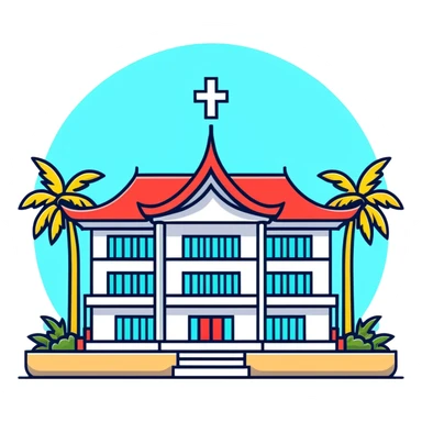 Modern Thai hospital building with traditional Thai roof elements, medical cross symbol, palm trees sticker