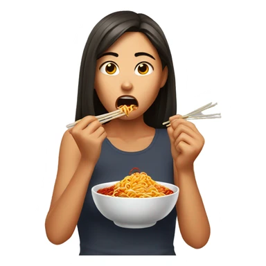 Girl eating spiciest noodles and suffering from spice sticker