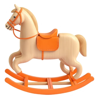 rocking horse, 3D style, raw wood with visible grain, minimal Hermès orange accent, simple design, no text sticker