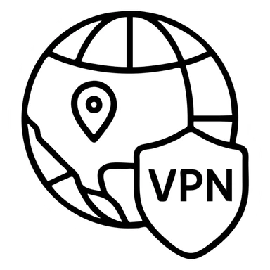 VPN globe icon with a shield, outlined, simple, location pin on the USA, blue and white sticker