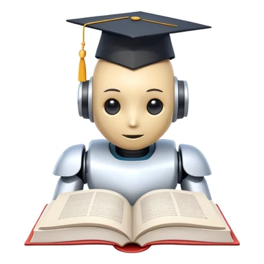 Ai  robot reading a big book with graduation head sticker