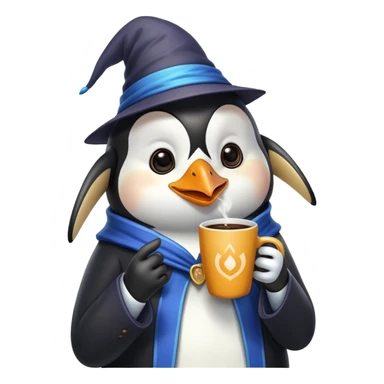 Penguin Wizard drinking coffee while playing iphone sticker
