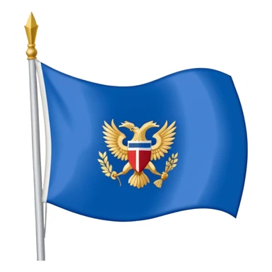 Hazme la bandera blanca con una franja azul de punta izquierda arriba a punta derecha abajo con un escudo en medio de la bandera de colores dorados sticker