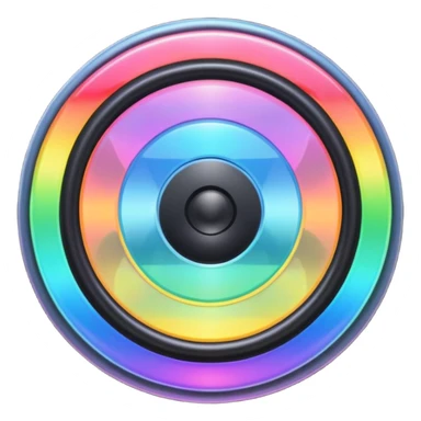 A speaker emoji 🔊 with a smooth CD-like surface that reflects rainbow iridescent colors, glowing RGB light ring around the edge, shiny plastic body, prismatic reflections shifting across the front, soft sparkles and light gleams, holographic sheen, clean simple shape, bright colorful highlights sticker