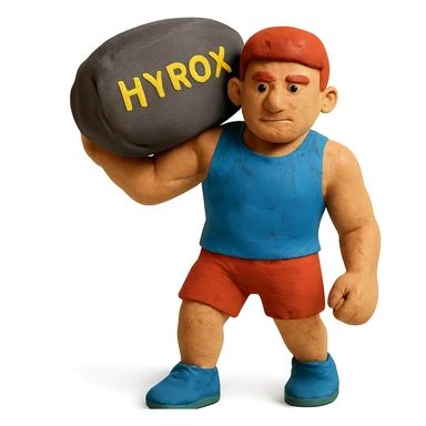 athlete with Hyrox sandbag on shoulder in claymation style sticker
