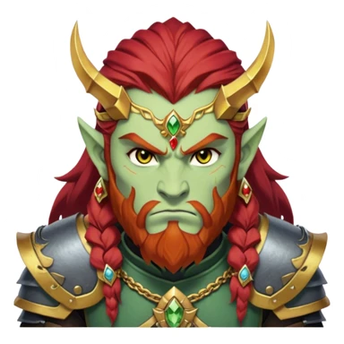 Ganondorf, Legend of Zelda, pale green skin, golden irises, black pupils, long layered red hair, short thick red beard, no mustache, thick red eyebrows connecting to hair, scowling, angry, stoic, dark armor, demon armor, large ornate forehead jewelry, topaz jewel on forehead sticker
