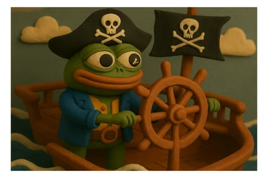 Ensure the exact skull and crossbones is clearly visible on both the pirate flag and the pirate hat in the claymation style image of Pirate Pepe the Frog at the helm of a pirate ship, waves and sky. sticker