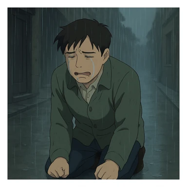 sad Asian man kneeling and crying in a rainy street, moody atmosphere sticker
