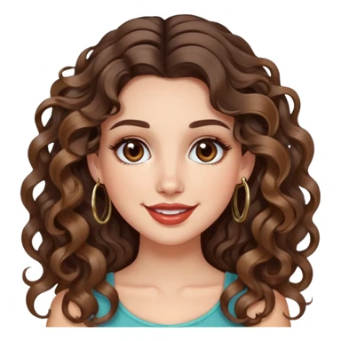 cute girl with not volominous VERY LONG curly/wavy brunette hair with balayage, brown eyes, full lips, cute makeup and hoop earrings white girl: happy face sticker