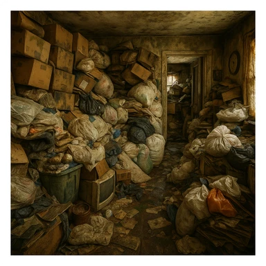 Add visible water damage to the cluttered hoarding house scene, including stained walls, warped floors, and mold, while keeping the same cluttered hoarding house theme and style as the original image. sticker