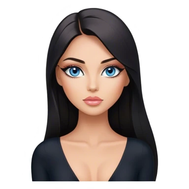 Glamours, tanned, beautiful, girl, with blue eyes, big pump peach-beige-rose lips, eyeliner, long lashes, black straight smooth silky long hair, parting hair in the middle,  in black v-neck bodysuit sticker