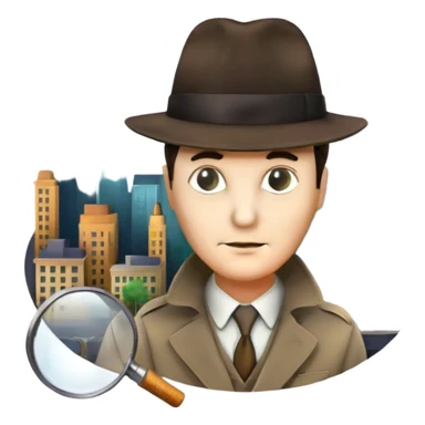 Icon for Detective Movies: A colorful collage featuring iconic detective elements—magnifying glass, a fedora hat, a cigarette, a shadowy figure, and a mysterious city backdrop. Include subtle clues like fingerprints or a crime scene. Retro movie poster style. Transparent background. sticker