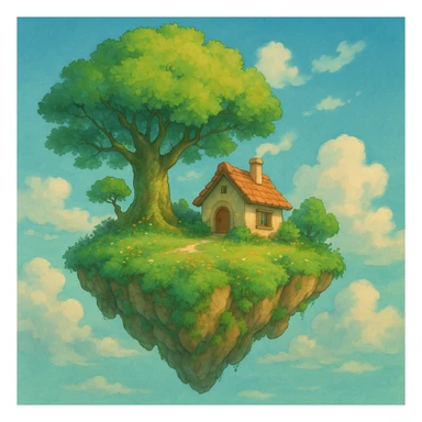 a floating island with a small house and tree, ghibli style sticker
