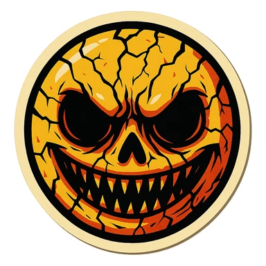 creepy scary emoji with cracks, sharp black outlines, expressive shadows and highlights, no gradients, only sharp color transitions, retro stickers style sticker