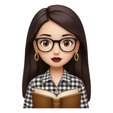 generate a pretty bratz girl with black small square spectacles, dark lipstick, gold stud earrings, a brown gingham shirt, books in hand, dark brown straight long hair, eyeliner on sticker