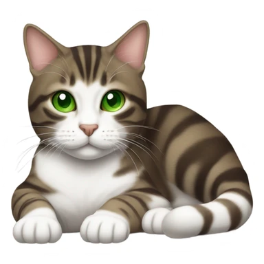 Dark brown and white Tabby Cat laying on the side with green eyes sticker