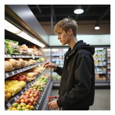 Justin Bieber checking out groceries at a supermarket, photorealistic style sticker
