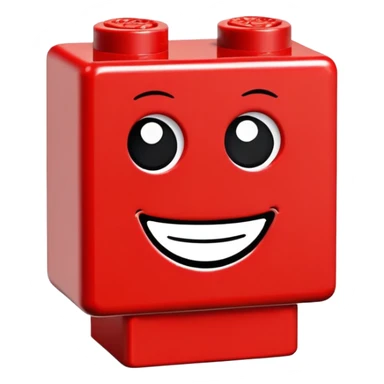 A single red Lego-style brick with a cute smiling face sticker