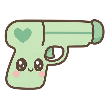 green heart pistol, kawaii style, cute face on the handle, big eyes sticker
