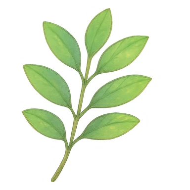 a simple leafy green branch, Japanese hand-drawn pastel style, full object, transparent background, with gentle highlights sticker
