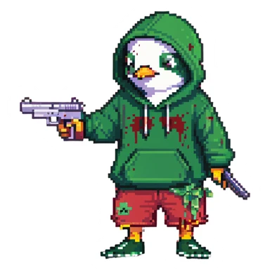 A cute half-dolphin half-penguin thug with a gun, green hoodie with blood stains, wearing Dollar General shorts sticker
