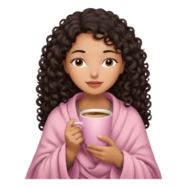 hispanic woman, deep tan skin, black long 3b curls, closed eyes, feminine face, holding soft pink coffee cup with beige blanket over shoulders sticker