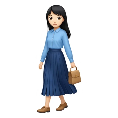 hair : black long hair with fringe 
skin : light 
cloth : oversize light blue shirt + navy long long skirt 
motion : walking 
carry: just hand sticker