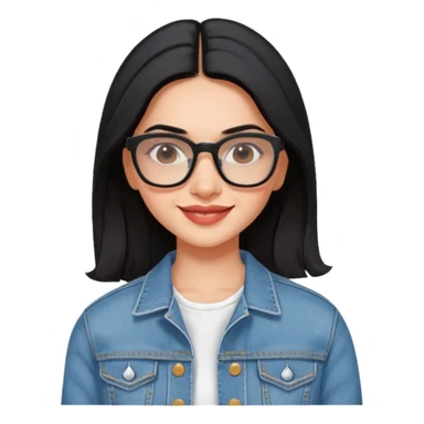 generate a pretty bratz emoji 
Make her wear a white dress with a denim jacket over it. black hair side part 

She should look exactly  like Deepika padukone. wearing rectangular spectacle, smiling sticker