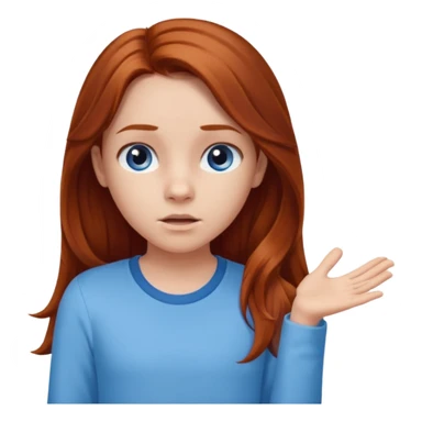 shrugging emoji tween long auburn hair light blue shirt with a darker blue L sticker
