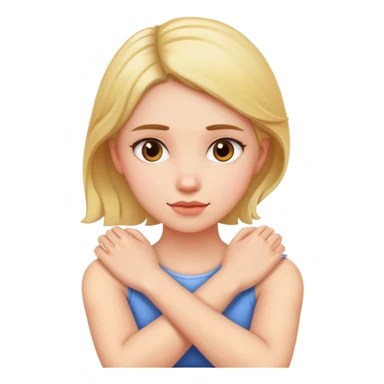 girl with arms crossed holding her neck sticker