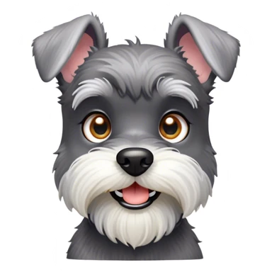 Cinematic Cute Miniature Schnauzer Portrait Emoji, Head cheerfully cocked with expressive, twinkling eyes and a neatly trimmed, adorable salt-and-pepper fur, simplified yet endearingly detailed, glowing with a bright, friendly radiance, high shine, exuding smart and spunky charm, styled with a delicate, whimsical outline, capturing the essence of a cute Miniature Schnauzer that appears ready to scamper off the screen with delightful energy! sticker