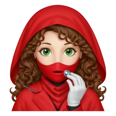 Lilith symbol sexy evil woman. She has green eyes.  had brown long curly hair.  evil surgeon kills with scalpel wears red sexy doctor coat with red mouth cover red gloves. Covers nose, neck  and mouth with Muslim red berka sticker