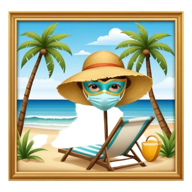 frameless Icon for Beach Tourism: a serene beach scene with palm trees, a sun hat, a mask with tube, and the ocean in the background. The icon should capture the relaxing atmosphere of a beach vacation. Transparent background. sticker