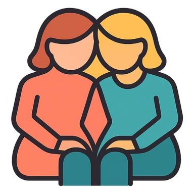 Add soft color accents to the icon of two women sitting together, heads touching, maintain minimal lines and transparent background. sticker