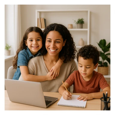 work from home mom with daughter and son, modern, friendly, relatable sticker
