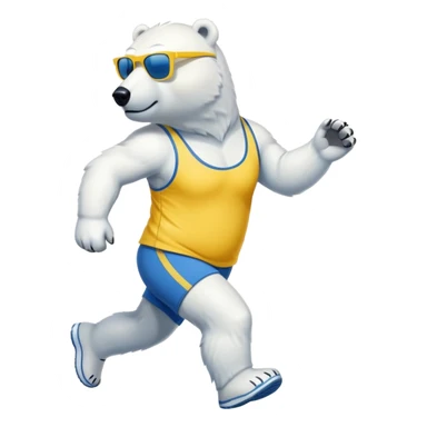 friendly anthropomorphised polar bear jogging upright, wearing blue and yellow athletic outfit and dark sunglasses sticker